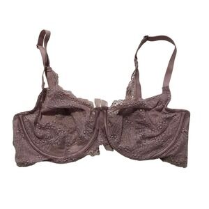 Adore Me Mauve Floral Lace Unlined Underwire Bra 34DD/E Dusty Rose Bow Detail